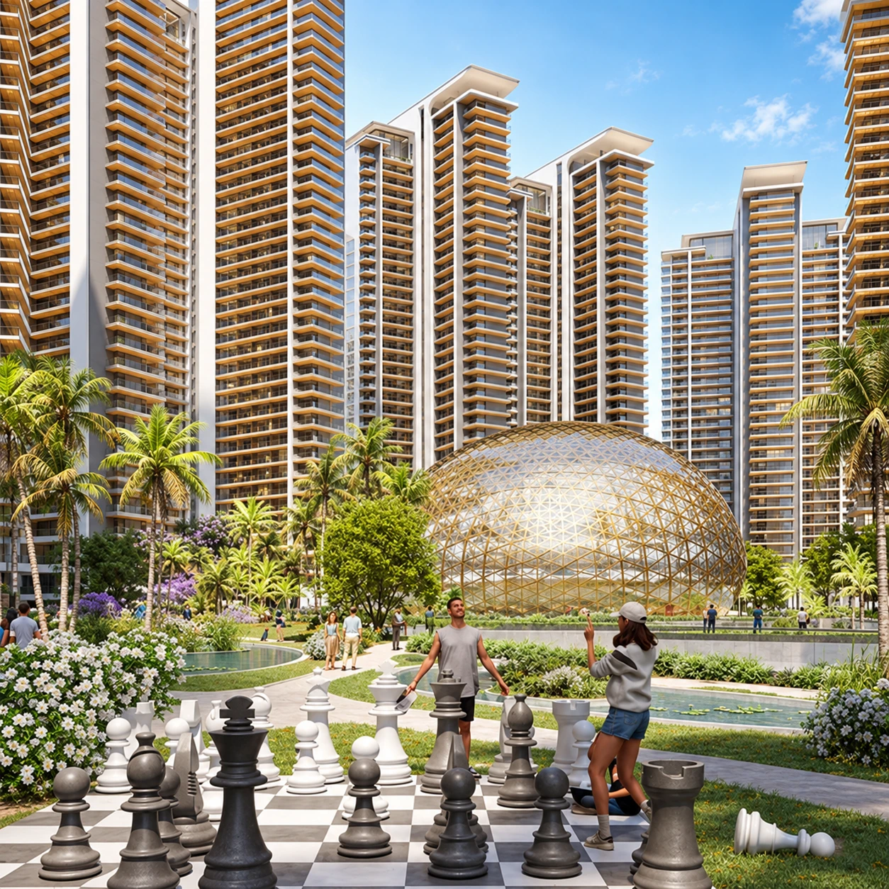Luxury residential towers in Gurgaon with landscaped gardens, giant outdoor chess, and glass dome clubhouse.