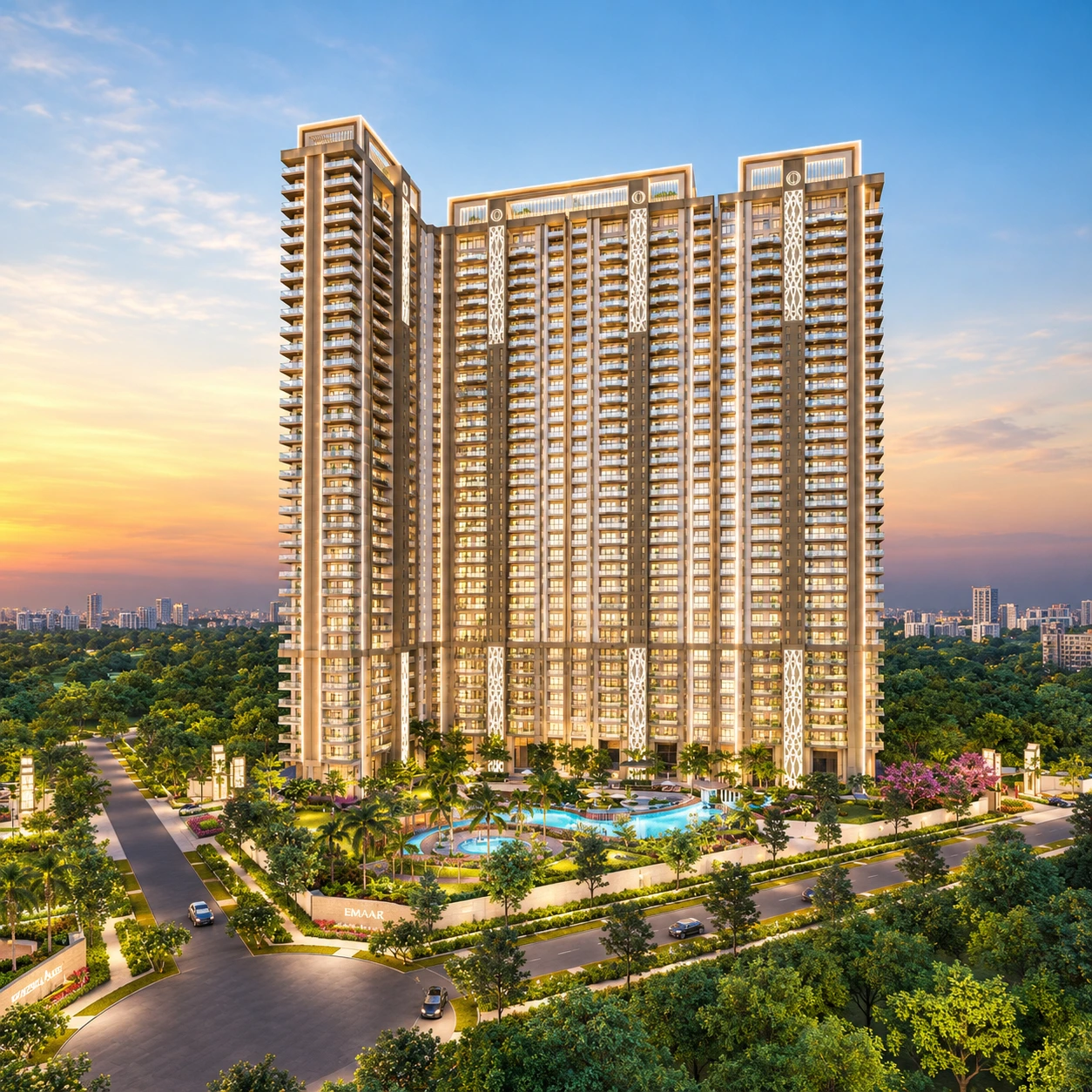 Exterior view of modern luxury high-rise residential apartments featuring a large swimming pool and landscaped gardens at sunset in Gurgaon.