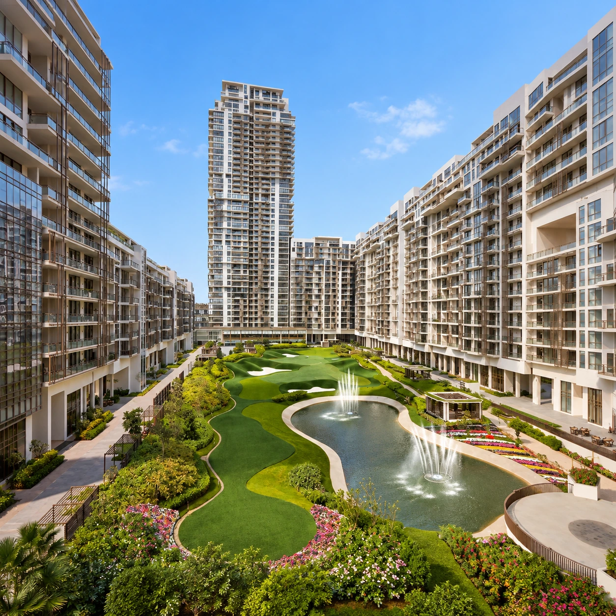 Daytime exterior view of modern luxury high-rise apartment towers surrounding a large resort-style swimming pool and lush landscaped green courtyard in Gurgaon.