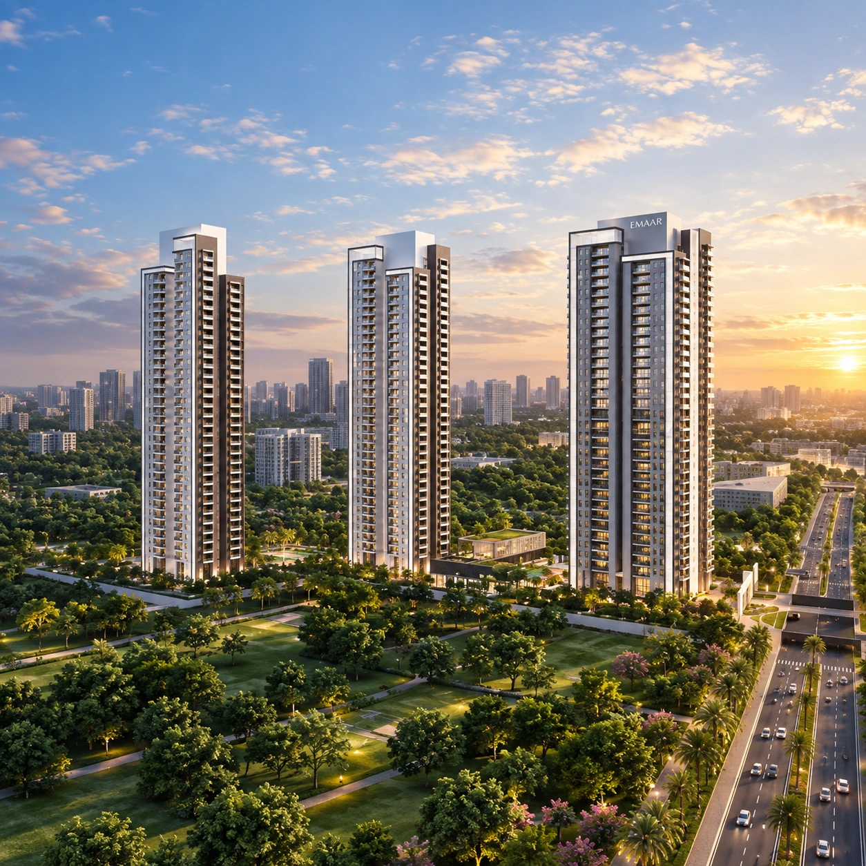 Aerial view of three modern Emaar luxury high-rise residential towers surrounded by lush green parks and a golf course during sunset in Gurgaon.