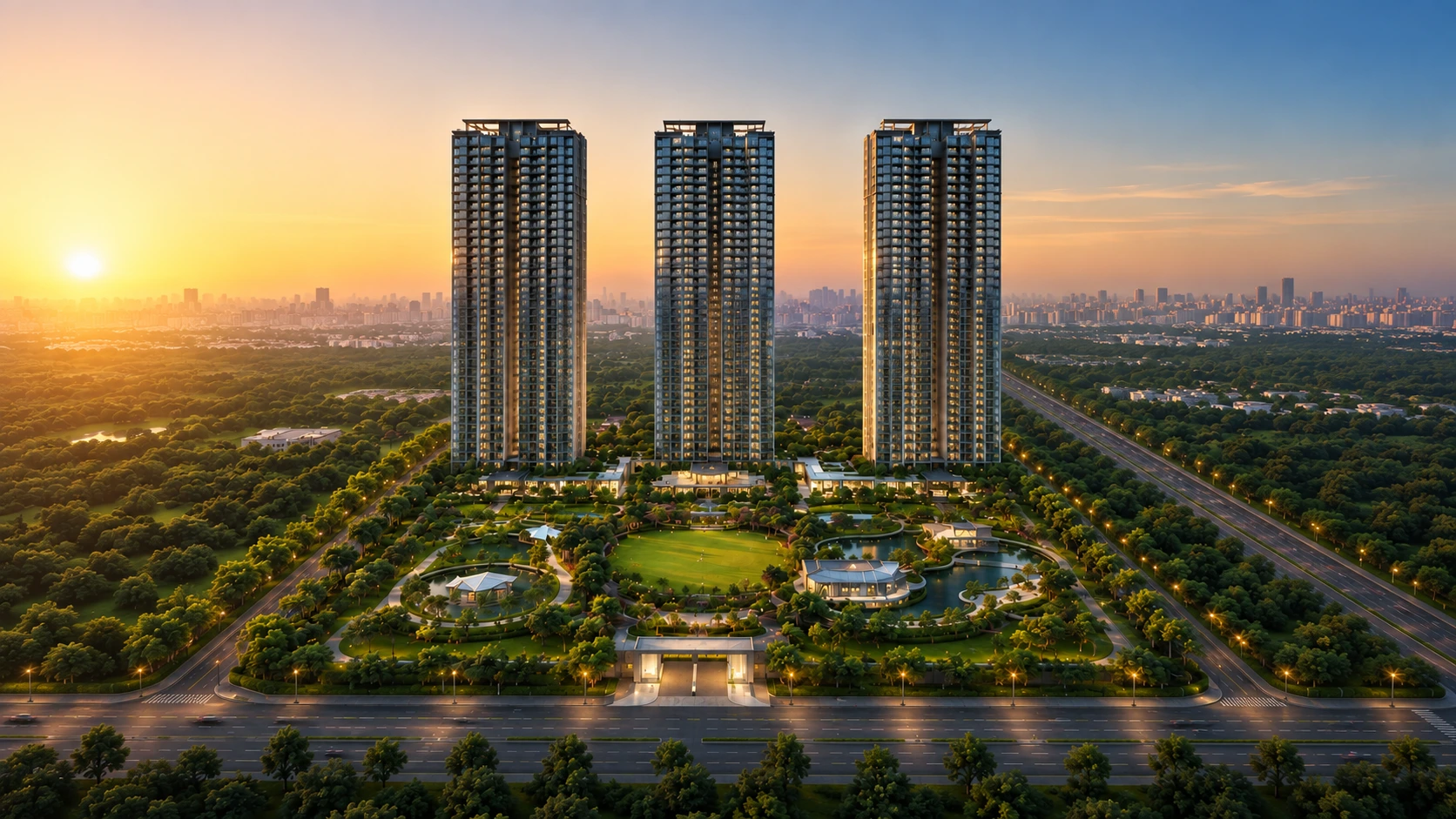 Ganga Realty Nine Zero luxury high-rise residential apartment towers at sunset in Gurgaon
