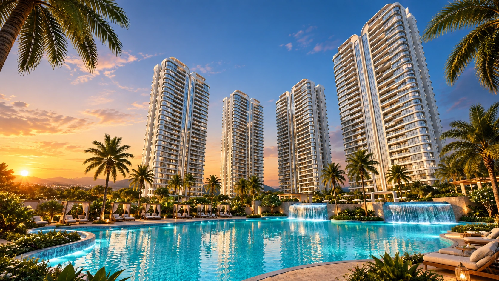 Godrej Verano luxury high-rise residential apartment complex with swimming pool and palm trees in Gurgaon