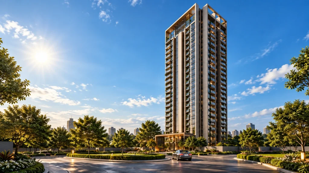 DLF The Aureva luxury high-rise residential apartment tower with modern architecture and landscaping in Gurgaon