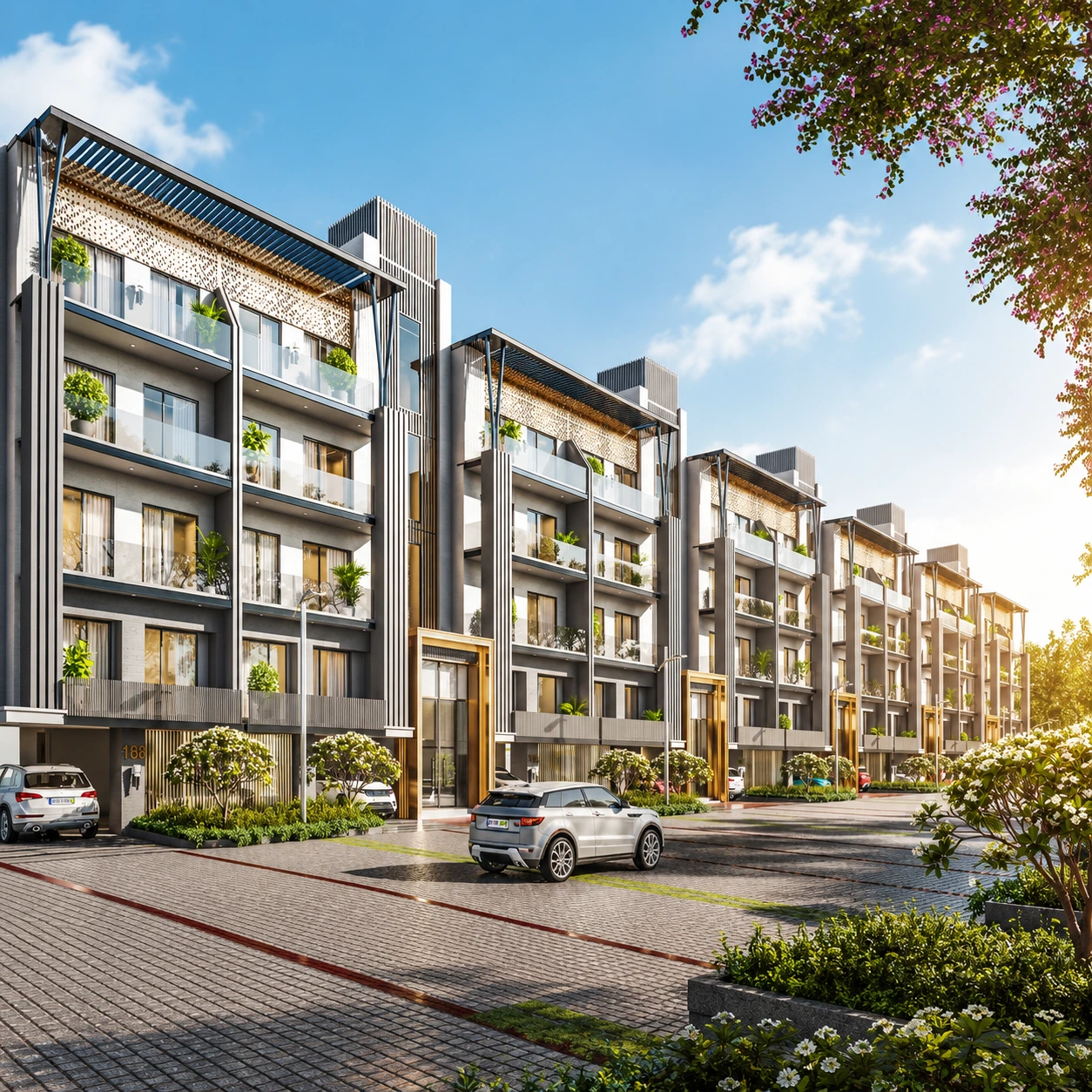 Modern luxury low-rise residential apartments with glass balconies and contemporary architecture in Gurgaon.