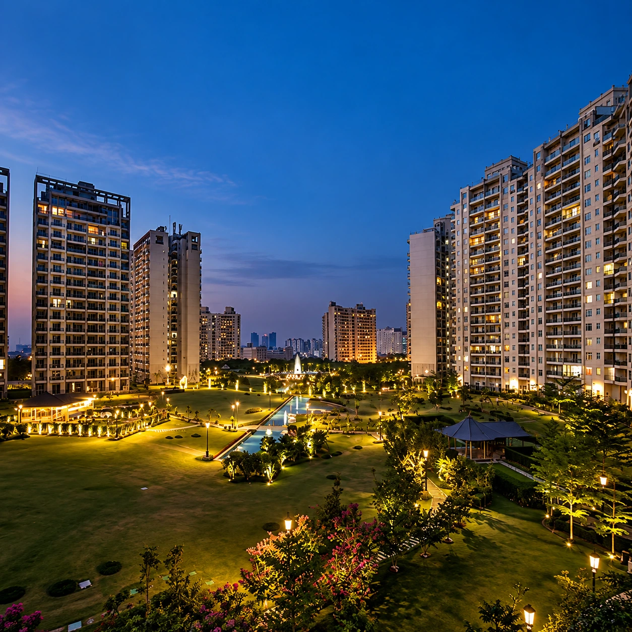 Modern Luxury Low-Rise Apartments in Gurgaon with Glass Balconies.