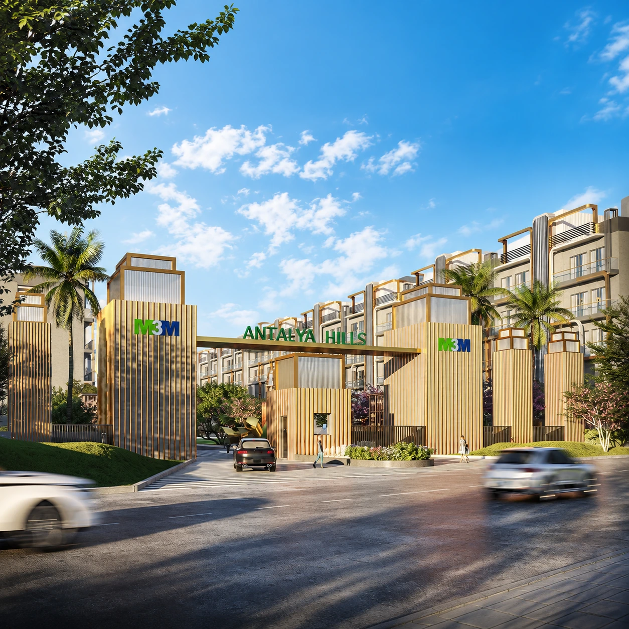 M3M Antalya Hills grand entrance gate featuring modern wooden architecture and palm trees in Sector 79 Gurgaon