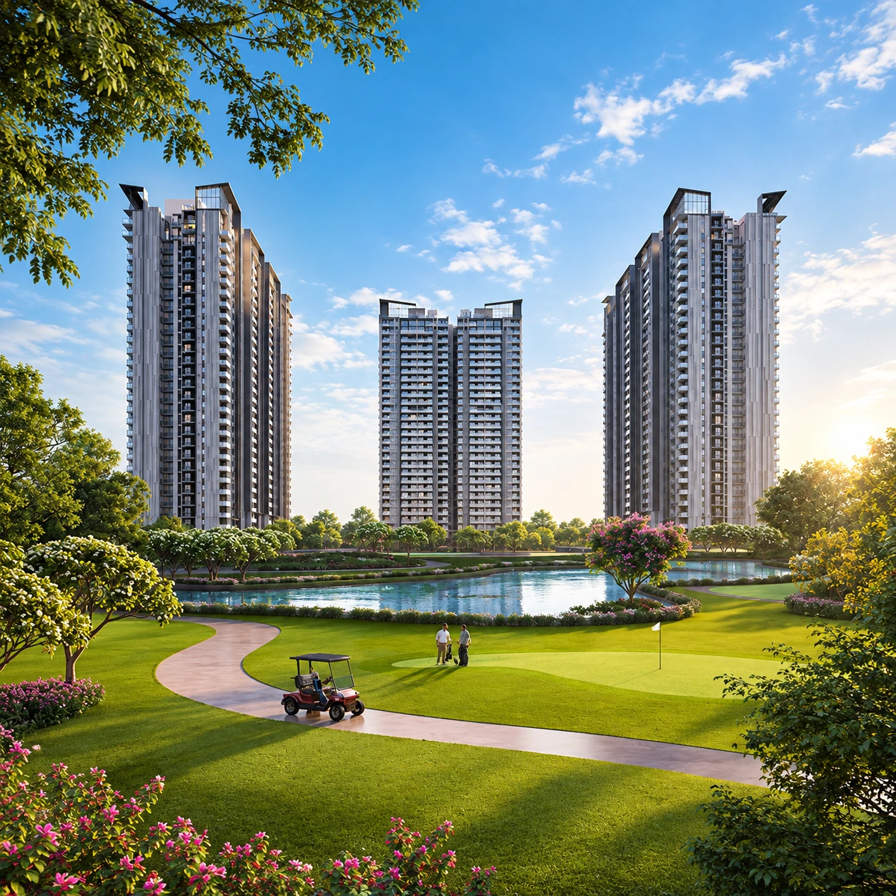 Four modern luxury high-rise residential towers illuminated at evening featuring a swimming pool clubhouse and grand circular driveway in Sector 79 Gurgaon