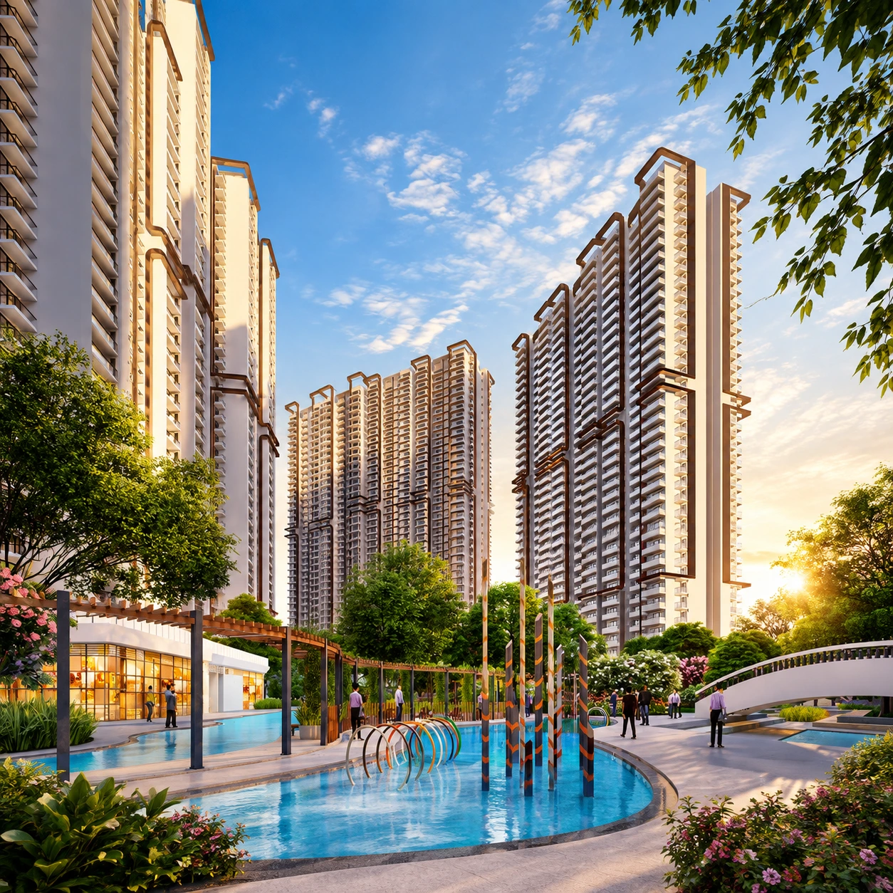 M3M Capital modern luxury high-rise apartment towers surrounding a large resort-style swimming pool and green courtyard in Sector 113 Gurgaon