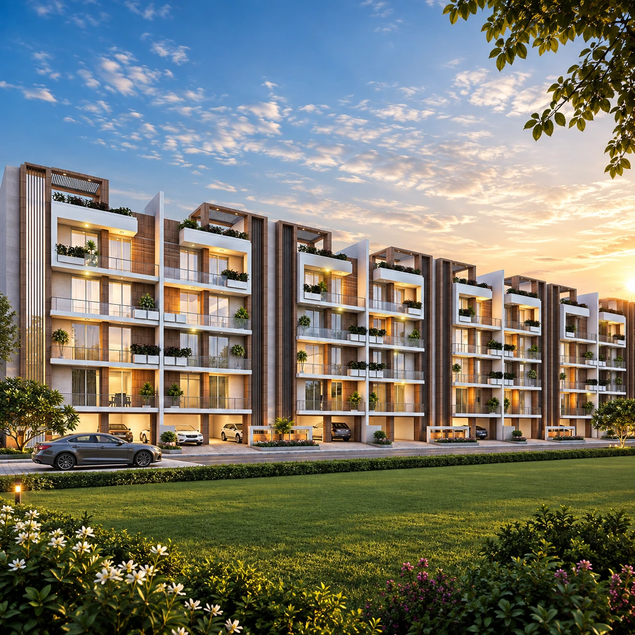 M3M Solitude grand entrance gate featuring modern wooden architecture and palm trees in Sector 89 Gurgaon