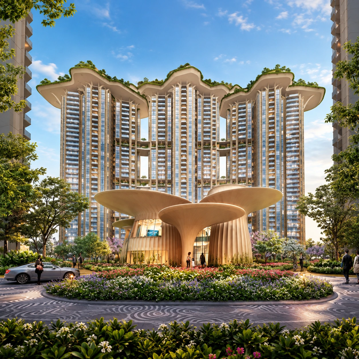 Exterior view of modern luxury mid-rise and high-rise residential apartments featuring glass balconies, contemporary architecture, and paved driveway at Tulip Monsella Sector 53 Golf Course Road Gurgaon