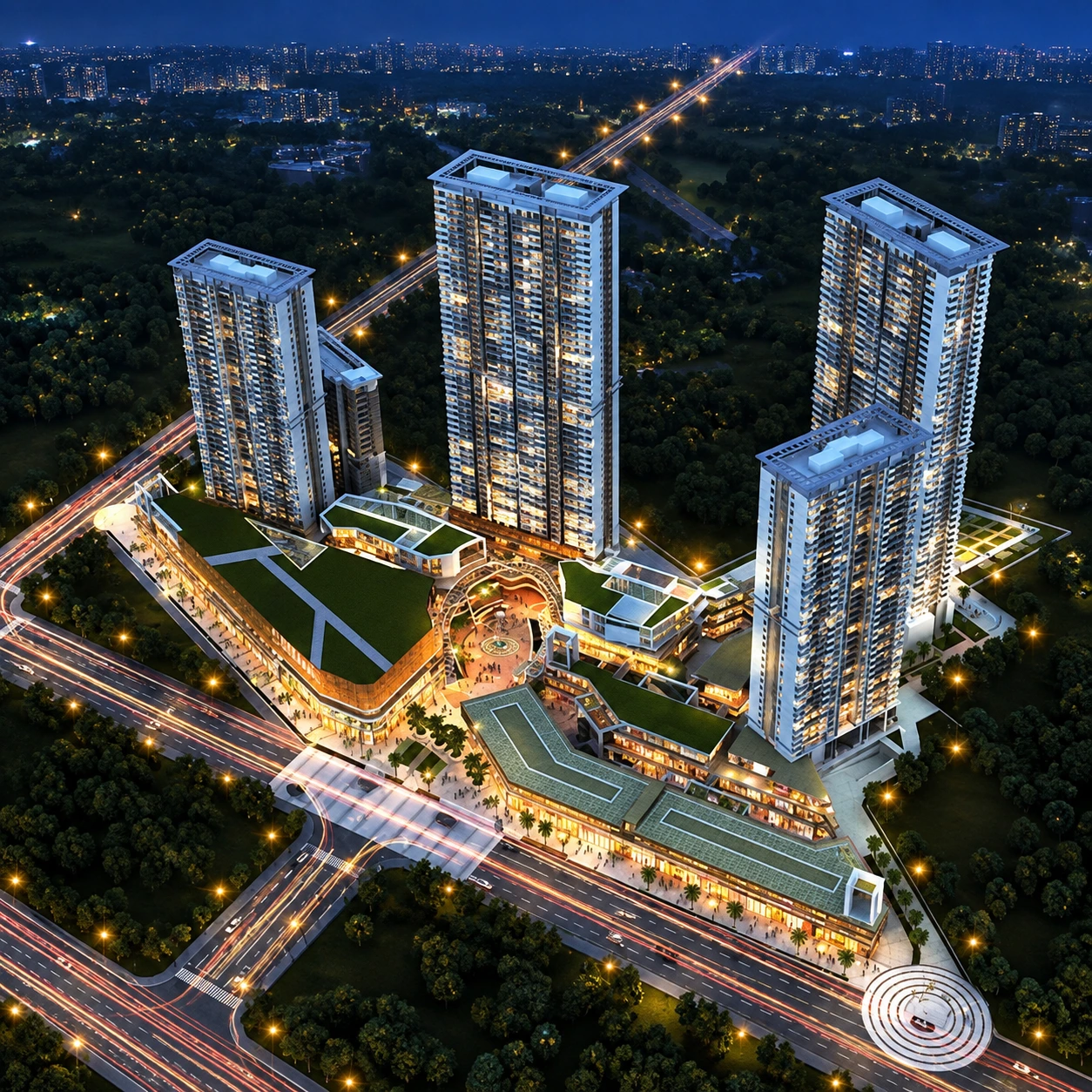 M3M Heights modern luxury high-rise residential towers illuminated at evening featuring a swimming pool and landscaped gardens in Sector 65 Gurgaon