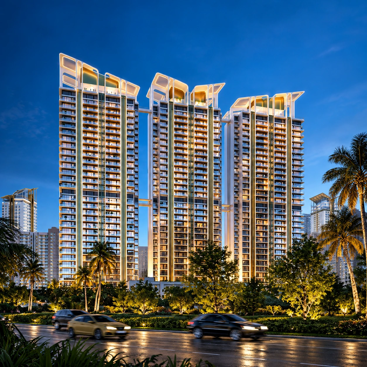 Ultra-luxury high-rise residential towers with crown architecture and resort-style pool at M3M Altitude Sector 65 Gurgaon
