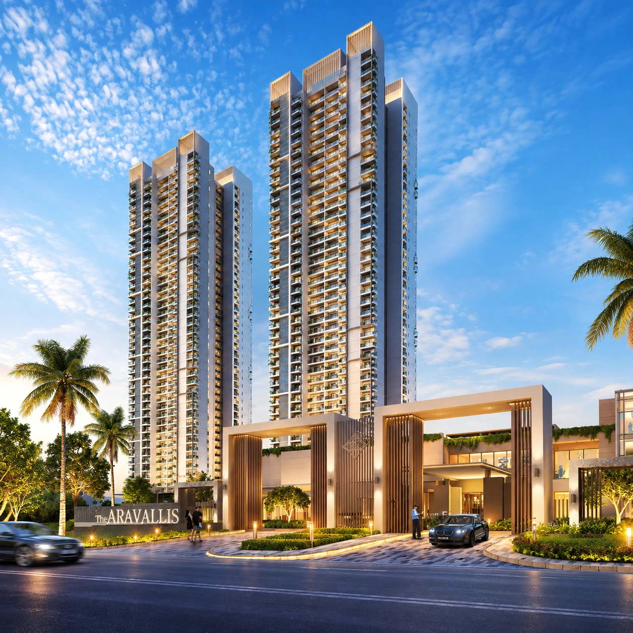 Modern luxury high-rise residential towers and grand entrance at Puri The Aravallis Sector 61 Gurgaon